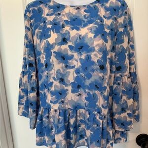 Blue and White Floral Bell Sleeve Blouse